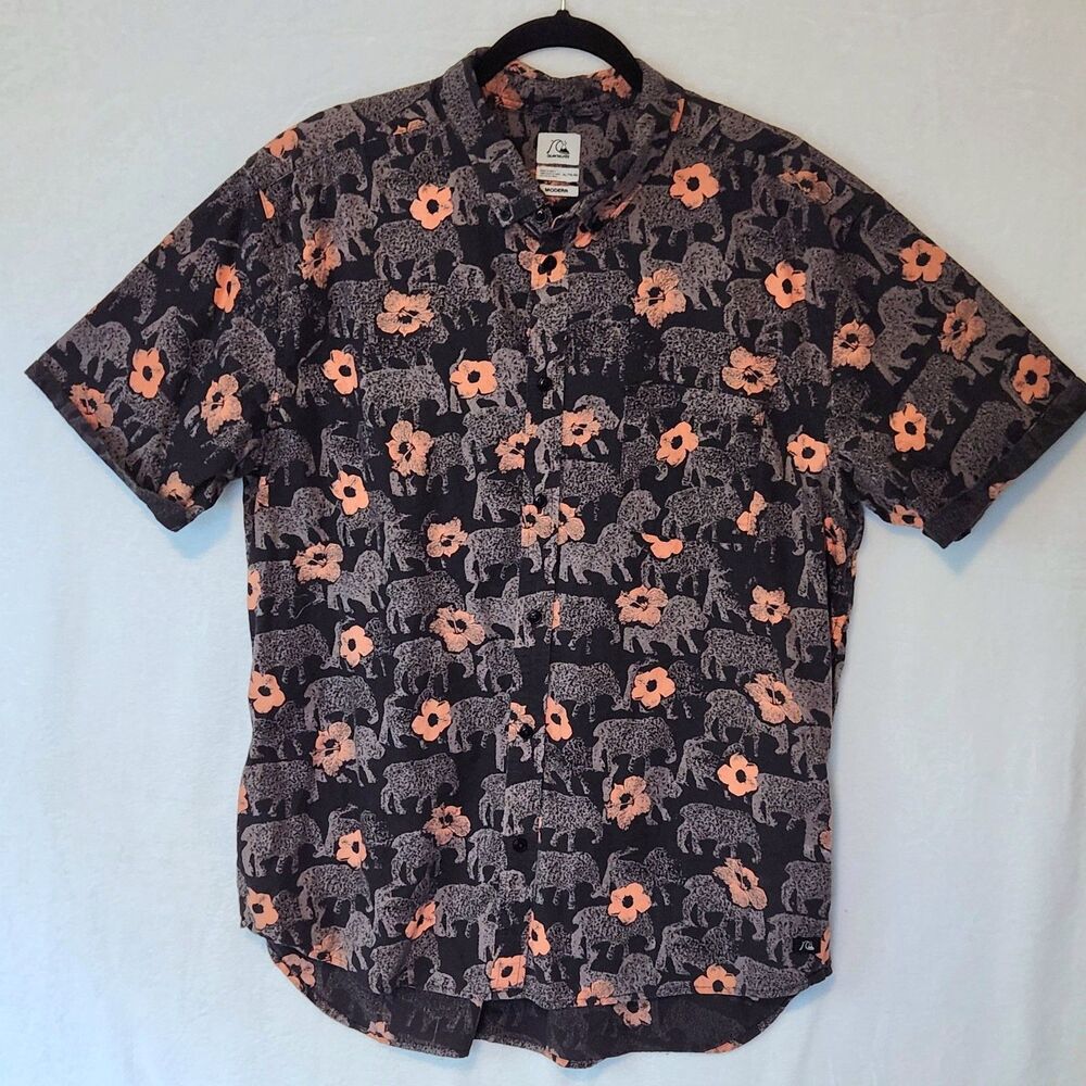 Quicksilver Men's XL Modern Novelty Elephant Hibiscus Hawaiian Shirt Cotton